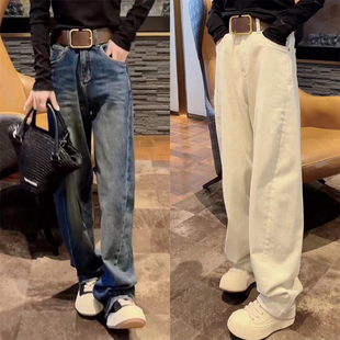 欧货秋冬款加绒高腰宽松香蕉牛仔裤男友风休闲直筒阔腿弯刀裤女