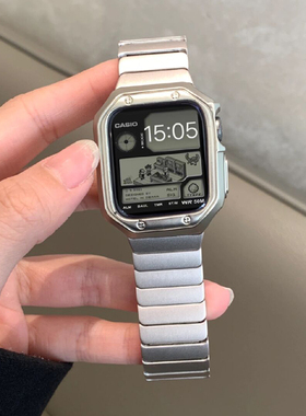 适用苹果手表applewatch78SE复古小方块金属表带iWatch3456男女