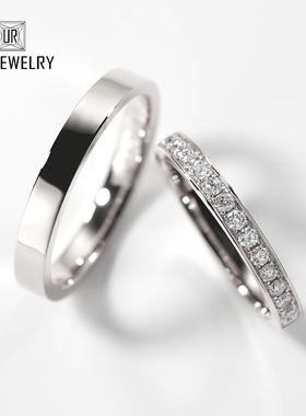 Pt950铂金钻石对戒30分排镶钻戒素圈求婚结婚简约情侣戒指白金