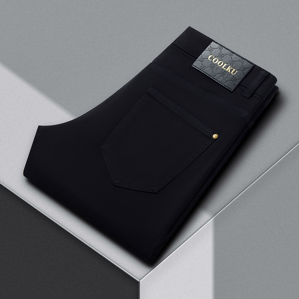 2025新款轻奢加绒加厚黑色牛仔裤男修身直筒弹力百搭商务长裤