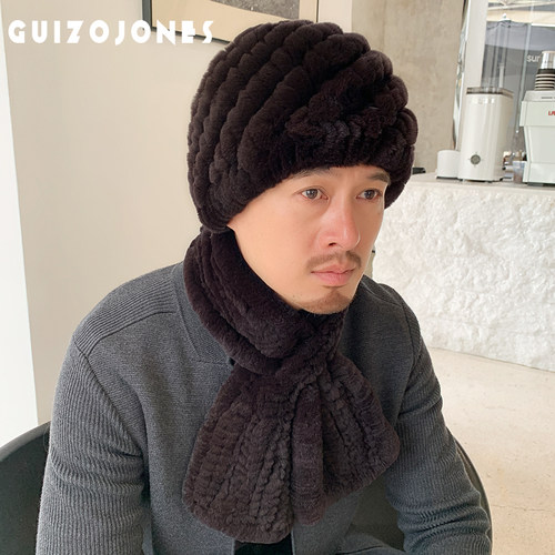 獭兔毛编织帽子围巾冬季男加厚