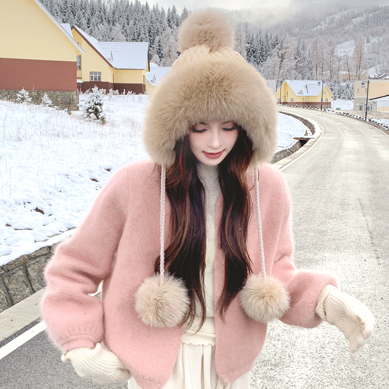 冬季新款狐狸毛皮草雷锋帽 针织加绒毛线帽甜美可爱护耳保暖女帽