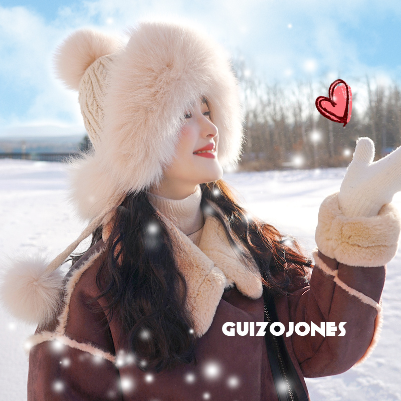 冬季新款狐狸毛皮草雷锋帽 针织加绒毛线帽甜美可爱护耳保暖女帽