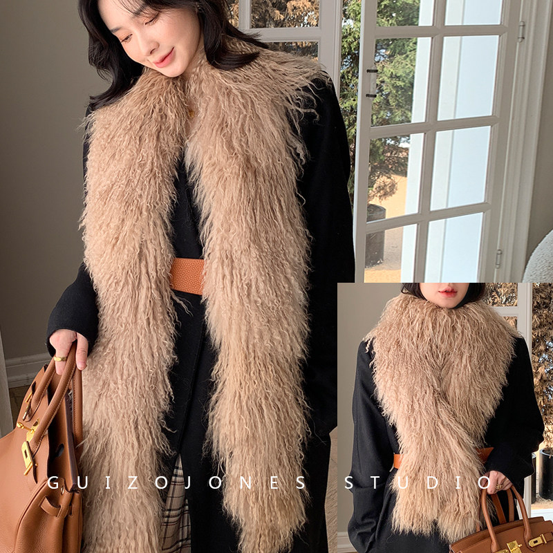 贵族琼斯天然滩羊毛卷羊长款皮草围巾冬季真毛大毛领大披肩围脖女