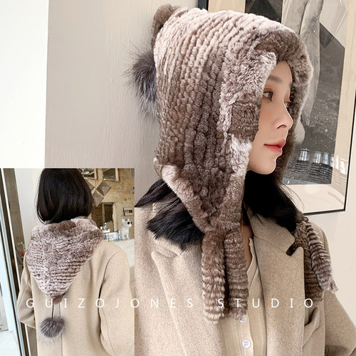 女士冬季保暖护耳皮草风雪帽狐狸