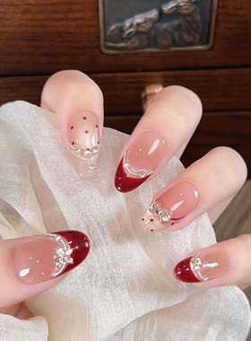 红色穿戴甲中长款新年法式猫眼指甲贴片新娘结婚拍婚照甲片过年