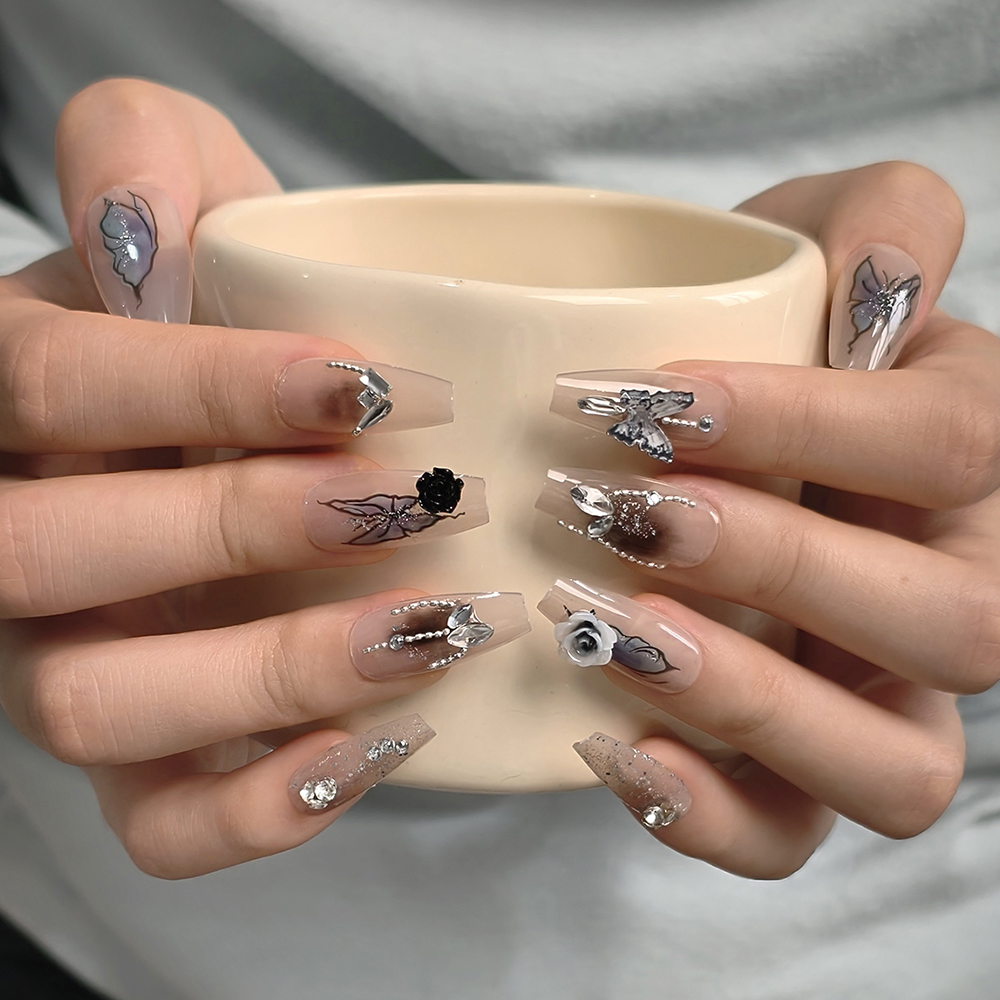 2025新款高级感手工穿戴甲中长款网红蝴蝶结指甲贴片拍婚纱照