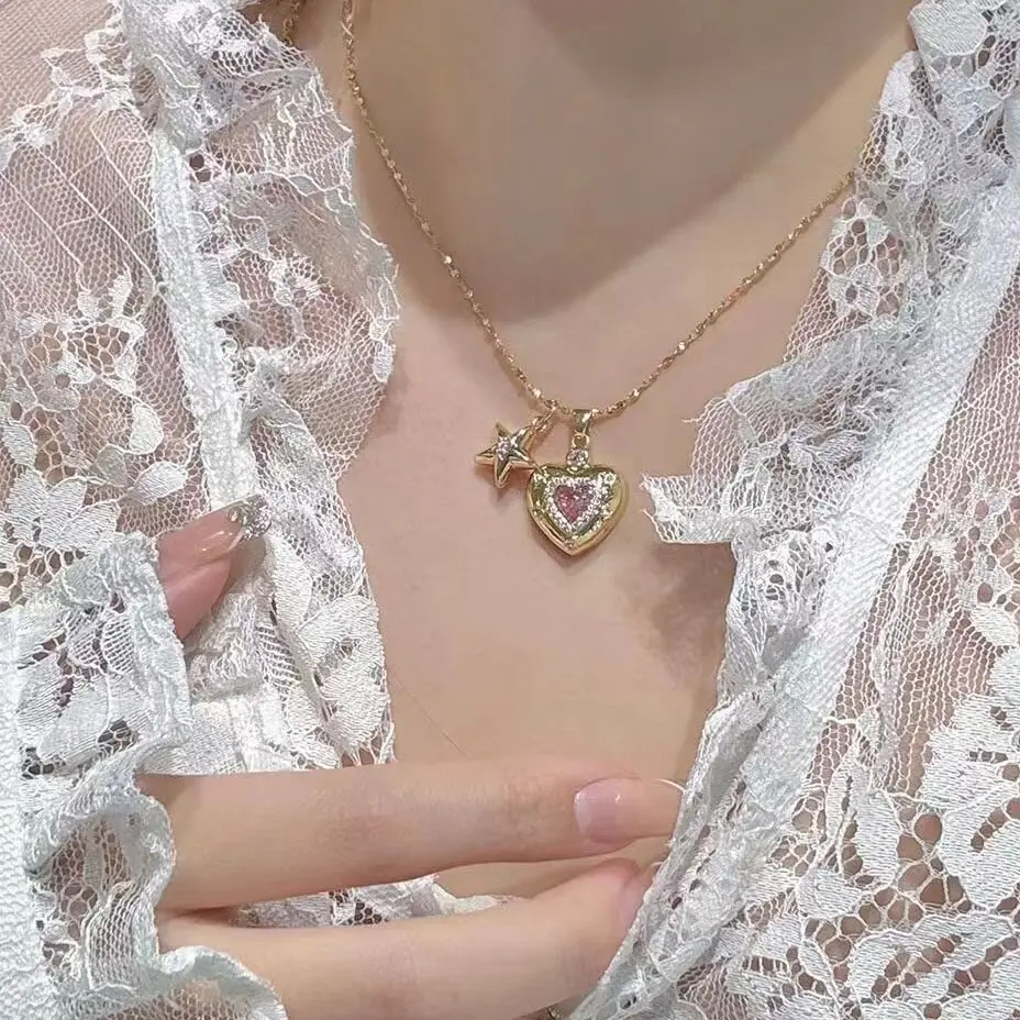 轻奢高级感甜美彩色粉钻爱心锁项链重工微镶锆石复古小众项链