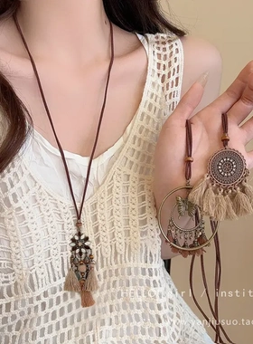 新中式长款流苏蝴蝶项链女波西米亚复古民族风毛衣链森系云南配饰