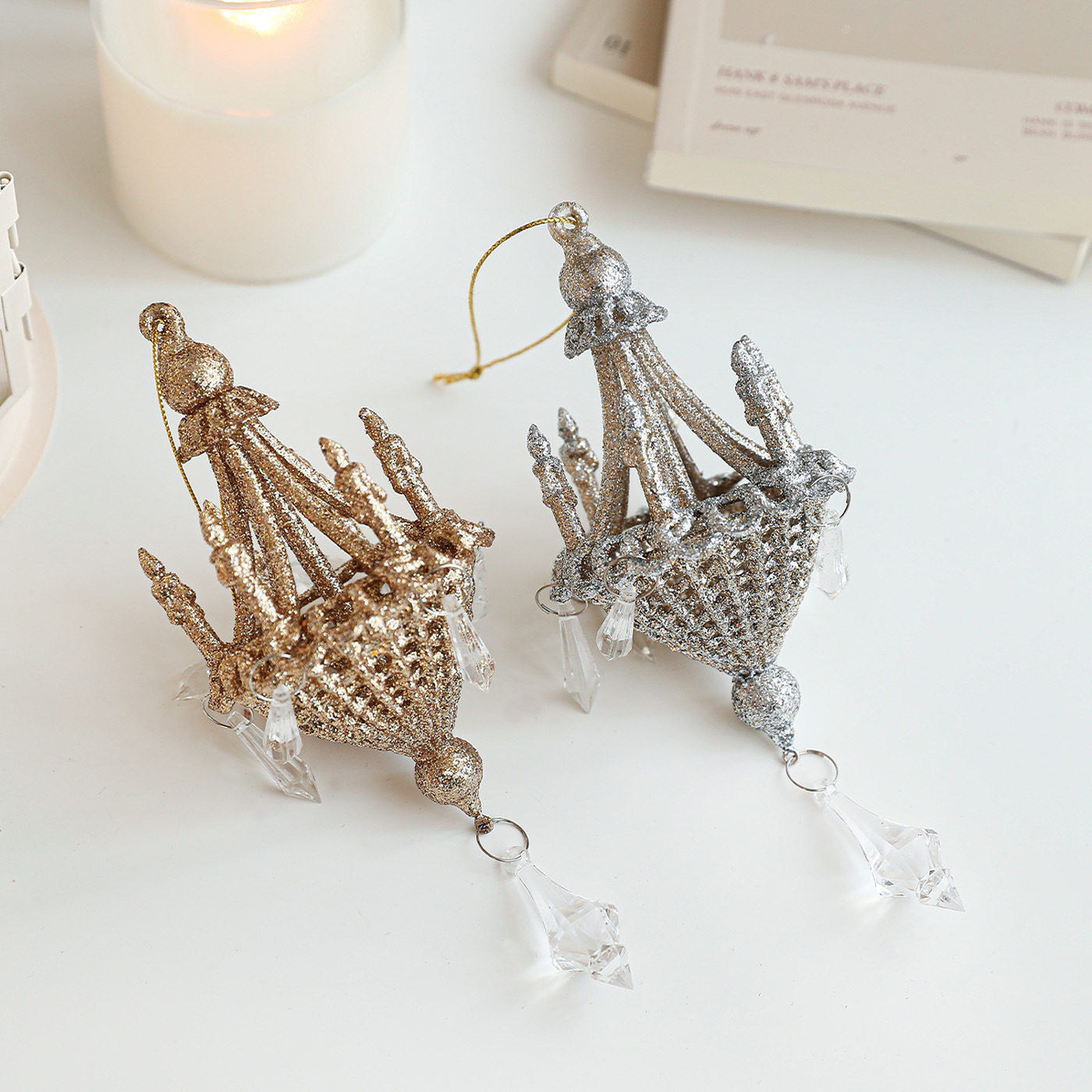 新款金银色粘粉吊灯挂件圣诞树水晶异形挂饰高档挂饰圣诞装饰品