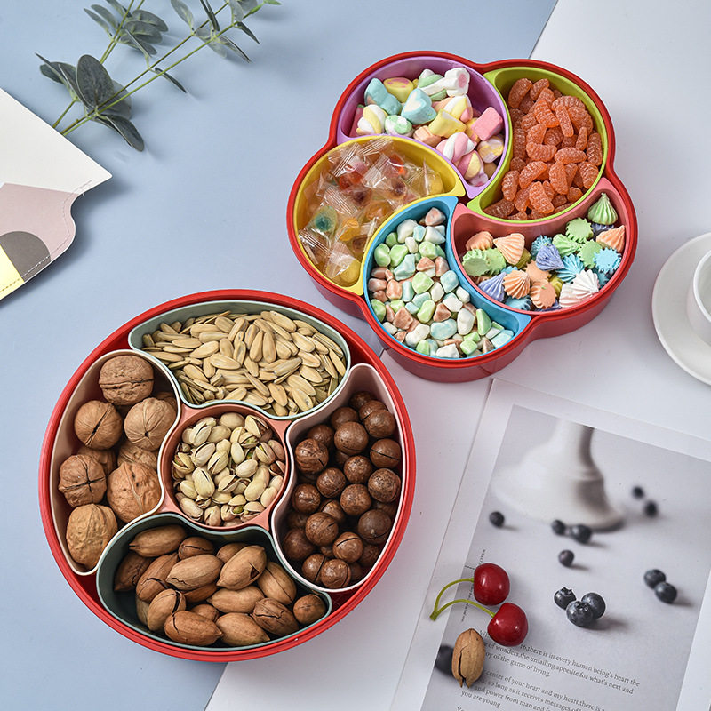 果盘零食盘 分格带盖坚果盘 家用客厅茶几糖果盒瓜子干果盘塑料盒