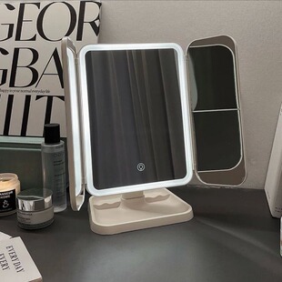 学生宿舍专用化妆镜收纳盒一体折叠镜子带灯梳妆台台式美妆镜