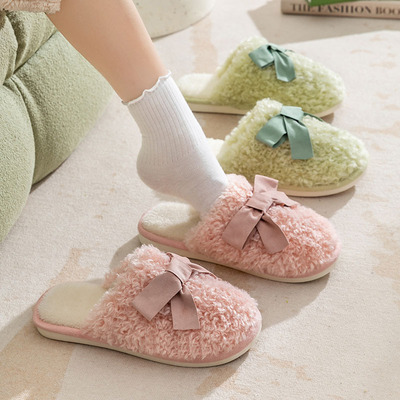 蝴蝶结棉拖鞋女秋冬季可爱情侣居家用加厚软底毛毛绒拖鞋男款