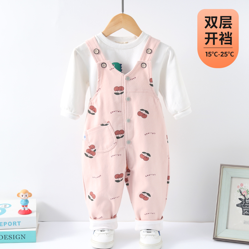 婴儿背带裤春秋纯棉针织双层开档