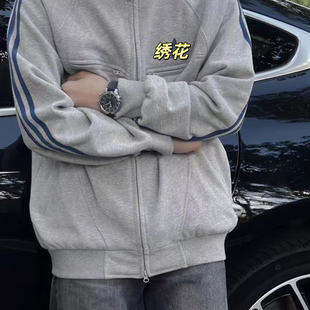 立领夹克男女情侣秋季 加厚宽松复古运动外套 高街三条杠开衫 美式