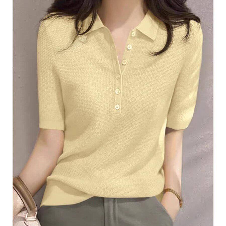 法式高级polo领钮扣冰丝短袖t恤女新款2026夏季新款正肩中袖上衣