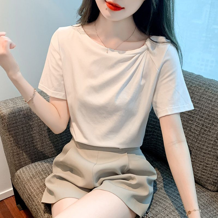 时尚洋气正肩短袖t恤女2024夏季新款显瘦别致设计感小众时髦上衣