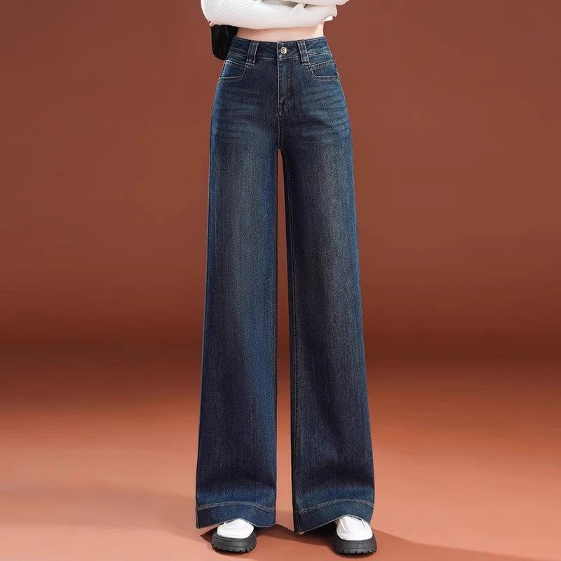 高腰阔腿拖地裤 2024秋冬季新款加绒加厚牛仔裤女 直筒显瘦复古丹
