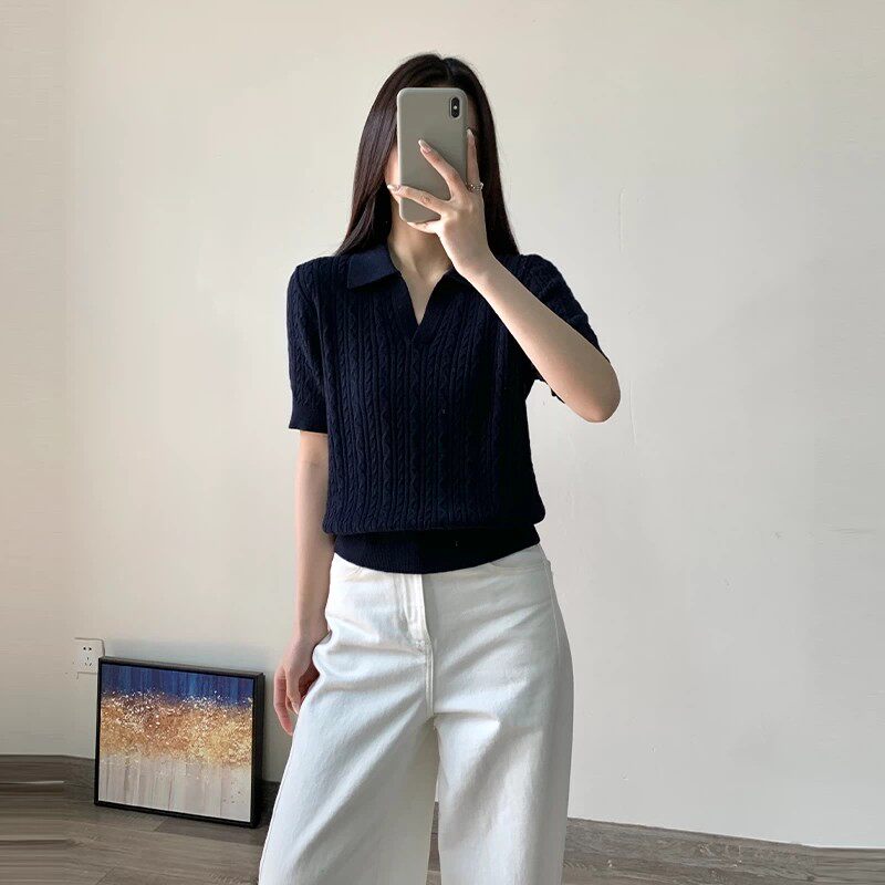 polo衫女短袖夏季2026新款显瘦绞花薄款套头短款针织翻领t恤上衣