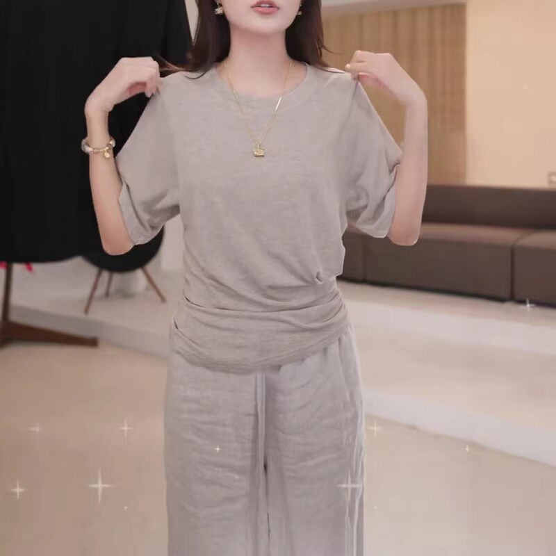 高级感收腰圆领正肩短袖t恤女2026夏季新款宽松显瘦休闲独特上衣