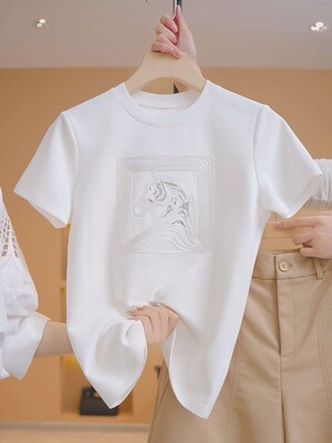 小马刺绣烫钻短袖t恤女2024夏季新款圆领宽松显瘦百搭白色上衣潮