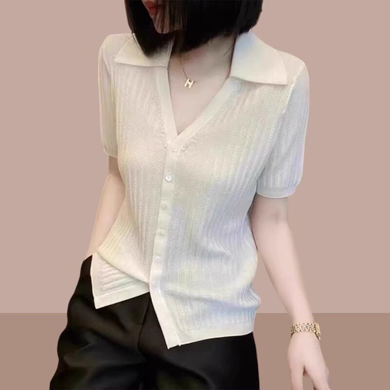 POLO领针织衫女士短袖t恤2026夏装新款洋气时尚粉色百搭V领上衣