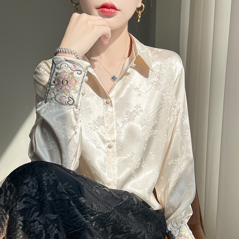 新中式醋酸缎面提花衬衫女2025新款复古国风唐装上衣设计长袖衬衣