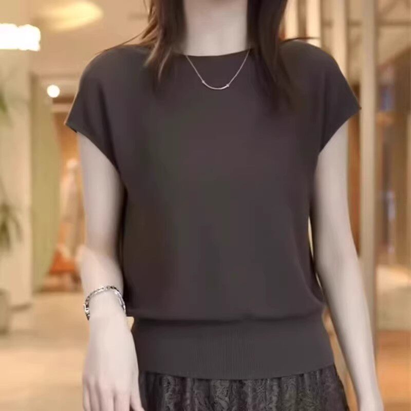 冰丝短袖T恤女2026夏季新款宽松显瘦高级感圆领薄款针织衫上衣潮