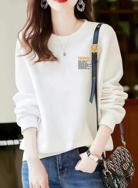 时尚气质加绒圆领卫衣女2024秋冬新款宽松显瘦长袖休闲印花打底衫