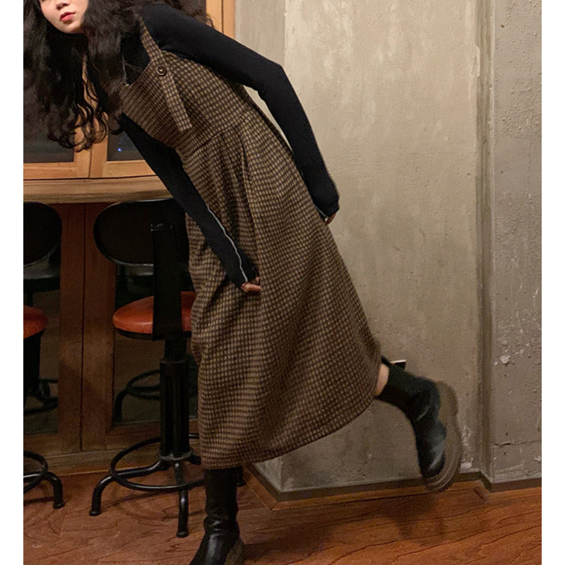 秋冬女装法式复古格子长裙子背心吊带蕾丝打底内搭两件套装连衣裙