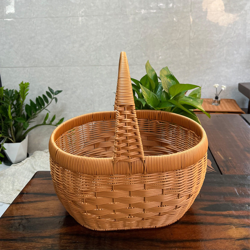 仿藤编收纳筐手提购物篮子户外野餐收纳篮带盖礼品买菜篮子水果筐