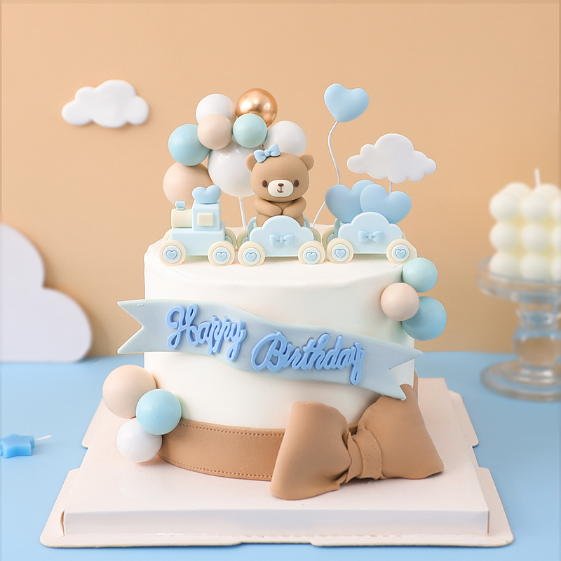 儿童生日蛋糕装饰卡通火车熊摆件