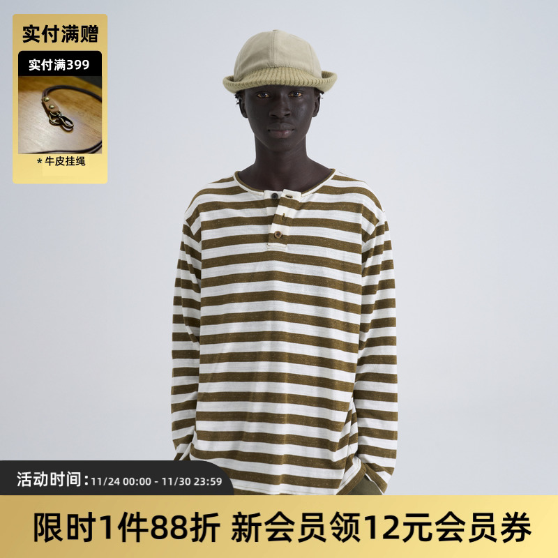 TIRES亚麻复古条纹亨利领长袖