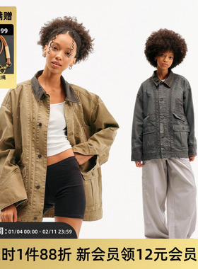 TIRES「渍割」羊皮领密歇根四袋工装谷仓夹克 水洗做旧帆布厚外套