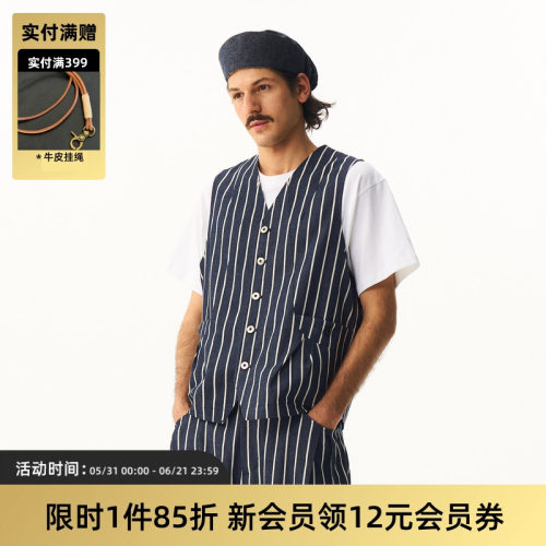 条纹牛仔V领开衫马甲男女通用