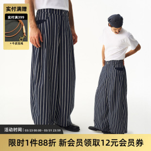 日系调节腰围通勤休闲长裤 气球宽松 复古阔腿条纹裤 TIRES26SS