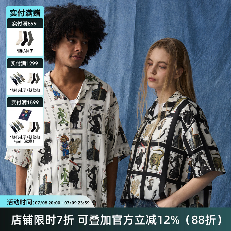 复古扑克牌印花夏威夷衬衫