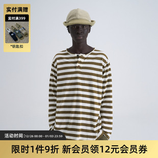 亨利领撞色拼接透气T恤百搭男女 日系复古亚麻条纹长袖 TIRES 25AW