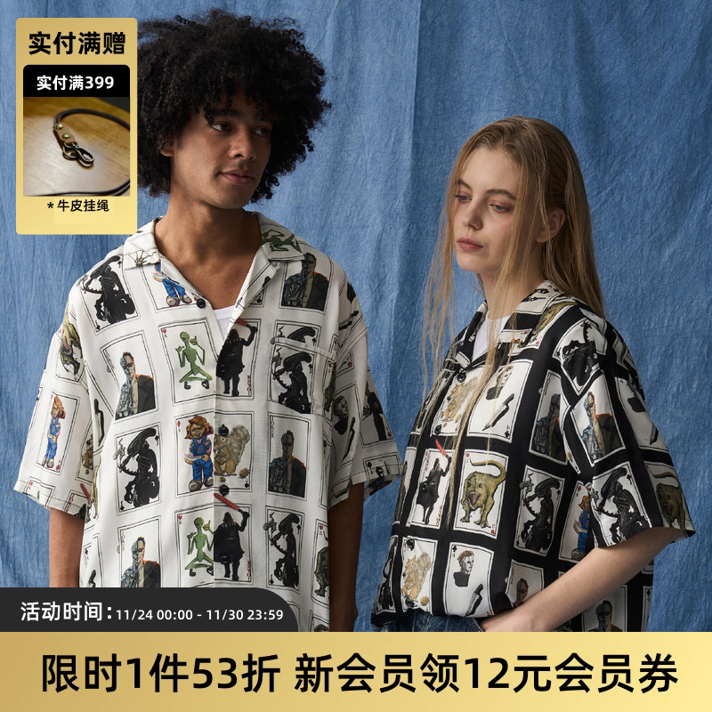 复古扑克牌印花夏威夷衬衫