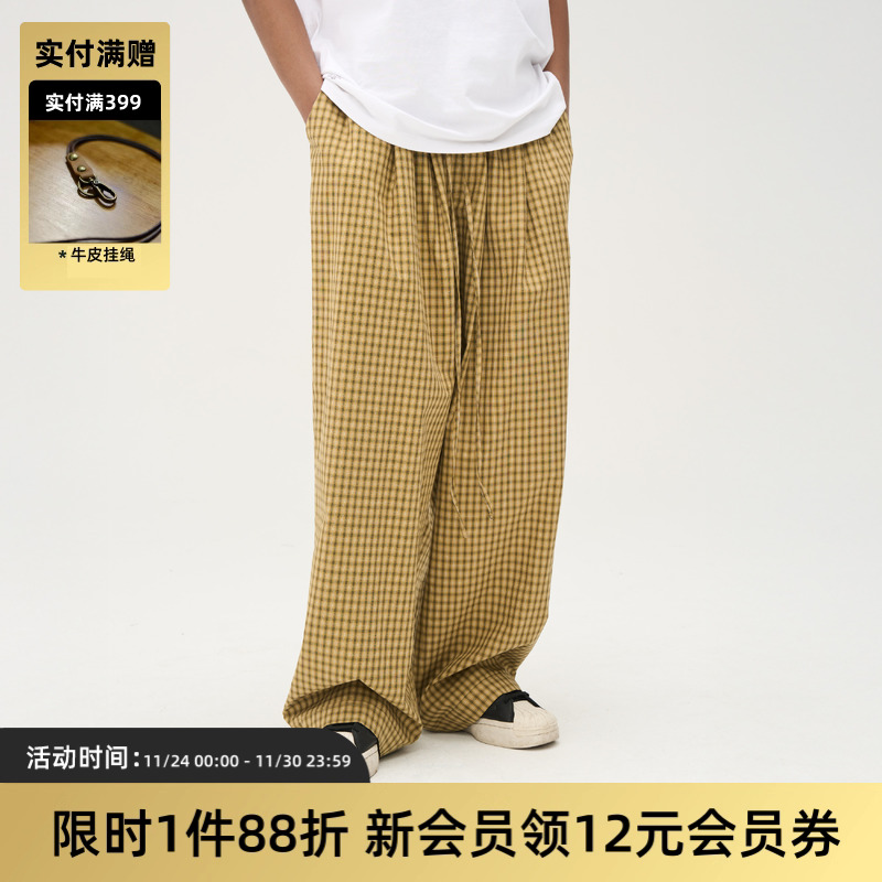 TIRES百搭复古格子抽绳宽松长裤