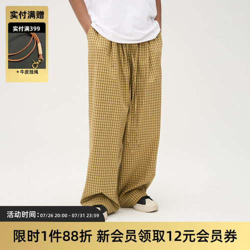 TIRES百搭复古格子抽绳宽松长裤