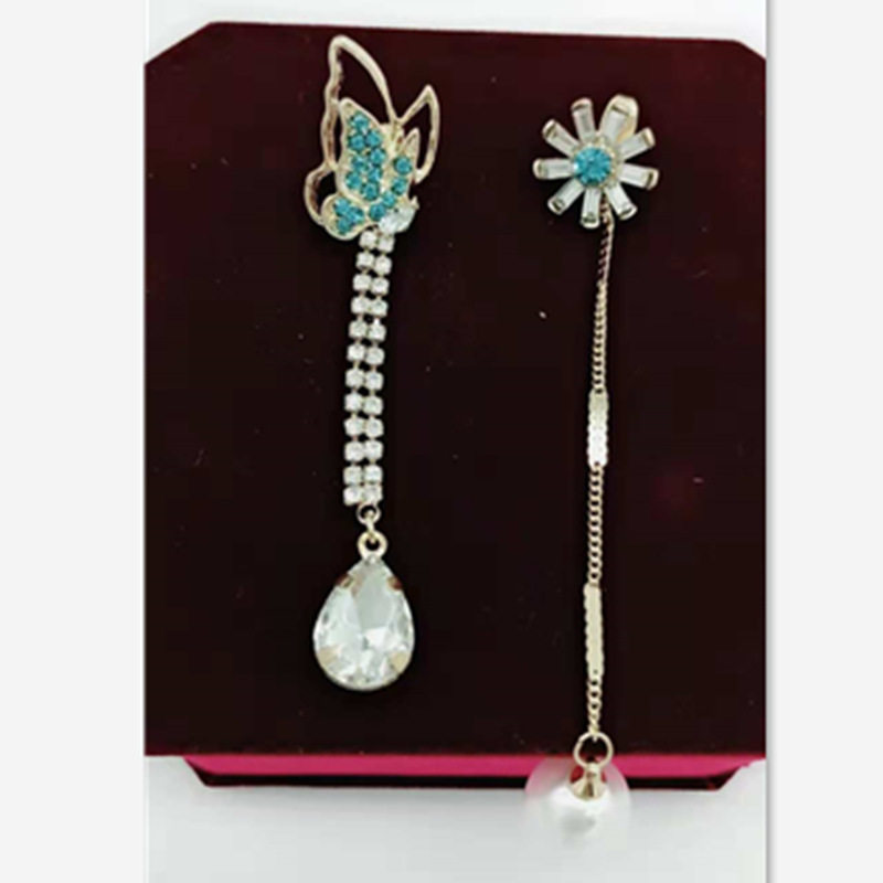蝴蝶花朵镶钻水晶蛇骨珍珠耳饰流苏长款耳环女韩国不对称两用耳坠
