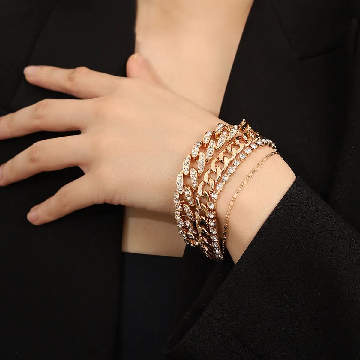 欧美跨境choker嘻哈手链 个性设计感金属链条hipop多层手饰