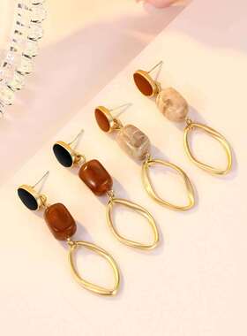 2019新款S925银针复古耳环女气质简约长款天然石耳坠