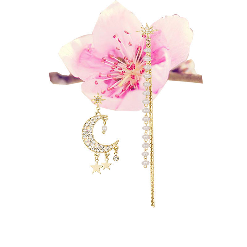 AB新款925银针网红复古轻奢仙女范满钻星月流苏珍珠耳坠超闪耳饰