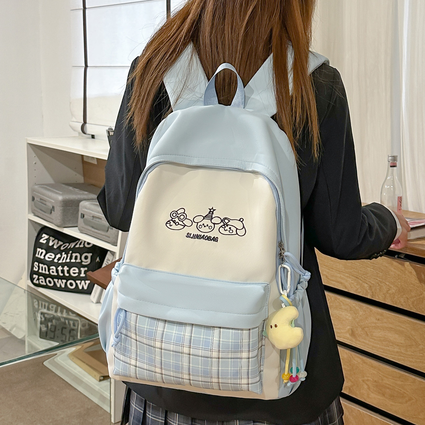 中点大容量格子书包初中女生小学生日系文艺卡通背包女轻便双肩包