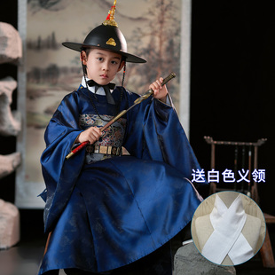 原创文官新蓝色2025儿童汉服男童女童仿妆花圆领袍礼服明制古装秋