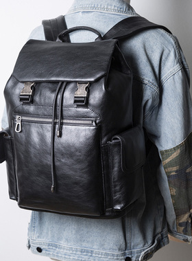 可插拉杆箱高级感真皮双肩包男商务通勤背包大容量头层牛皮旅行包