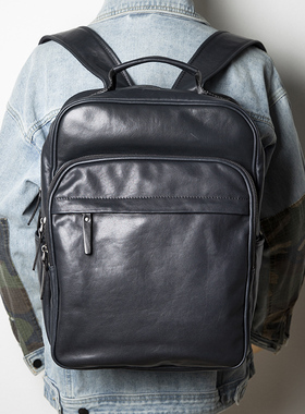 可插拉杆箱深蓝色高级感双肩包男真皮大容量旅行包电脑包商务背包