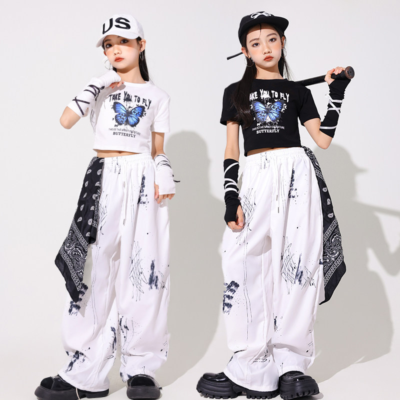 街舞女孩套装hiphop嘻哈舞蹈练功服爵士舞女童服装儿童短袖演出服